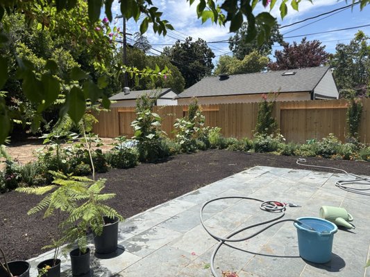 Customer backyard with prepared planting beds beside a patio and wood fence
