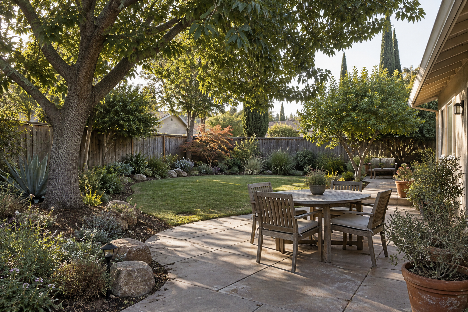 Established Fresno backyard with mature shade trees, patio and natural planting