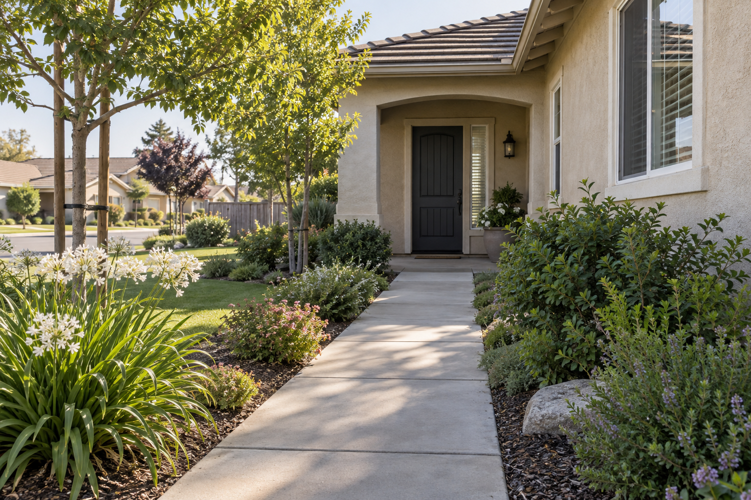 Welcoming Fresno home entrance with a landscaped walkway and practical planting