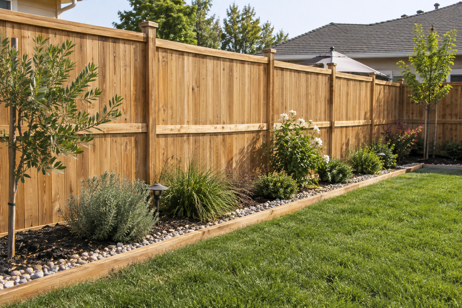 Cedar fence integrated with planting, drainage gravel and a lawn edge in Fresno