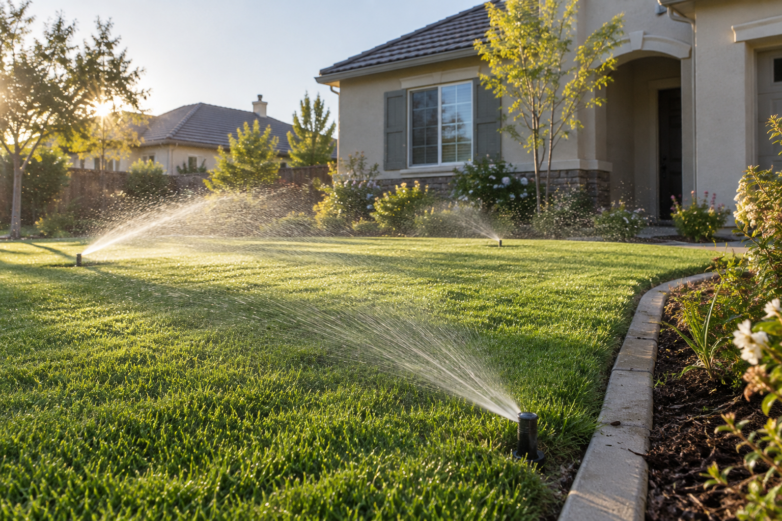 Plausible sprinkler coverage across a Fresno residential lawn