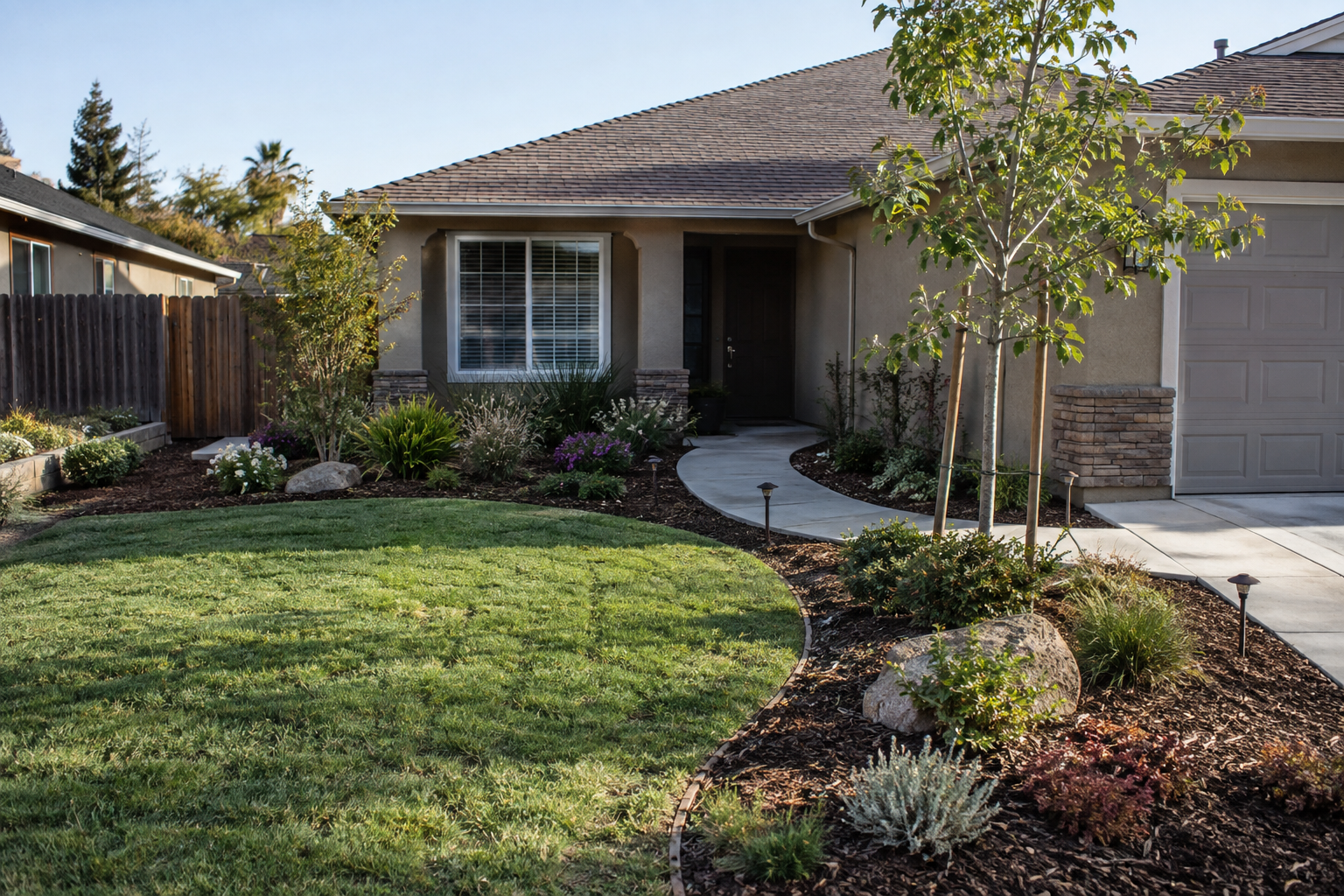 Completed Fresno front-yard renovation with lawn, planting and a practical walkway