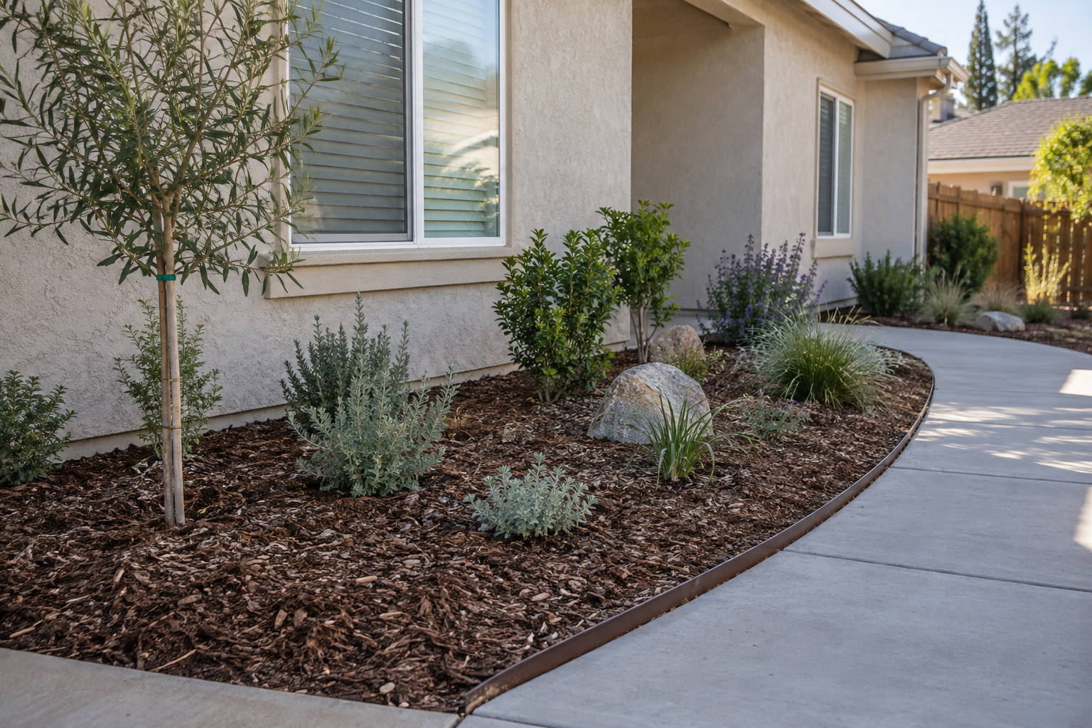 New drought-aware Fresno planting bed beside a practical walkway