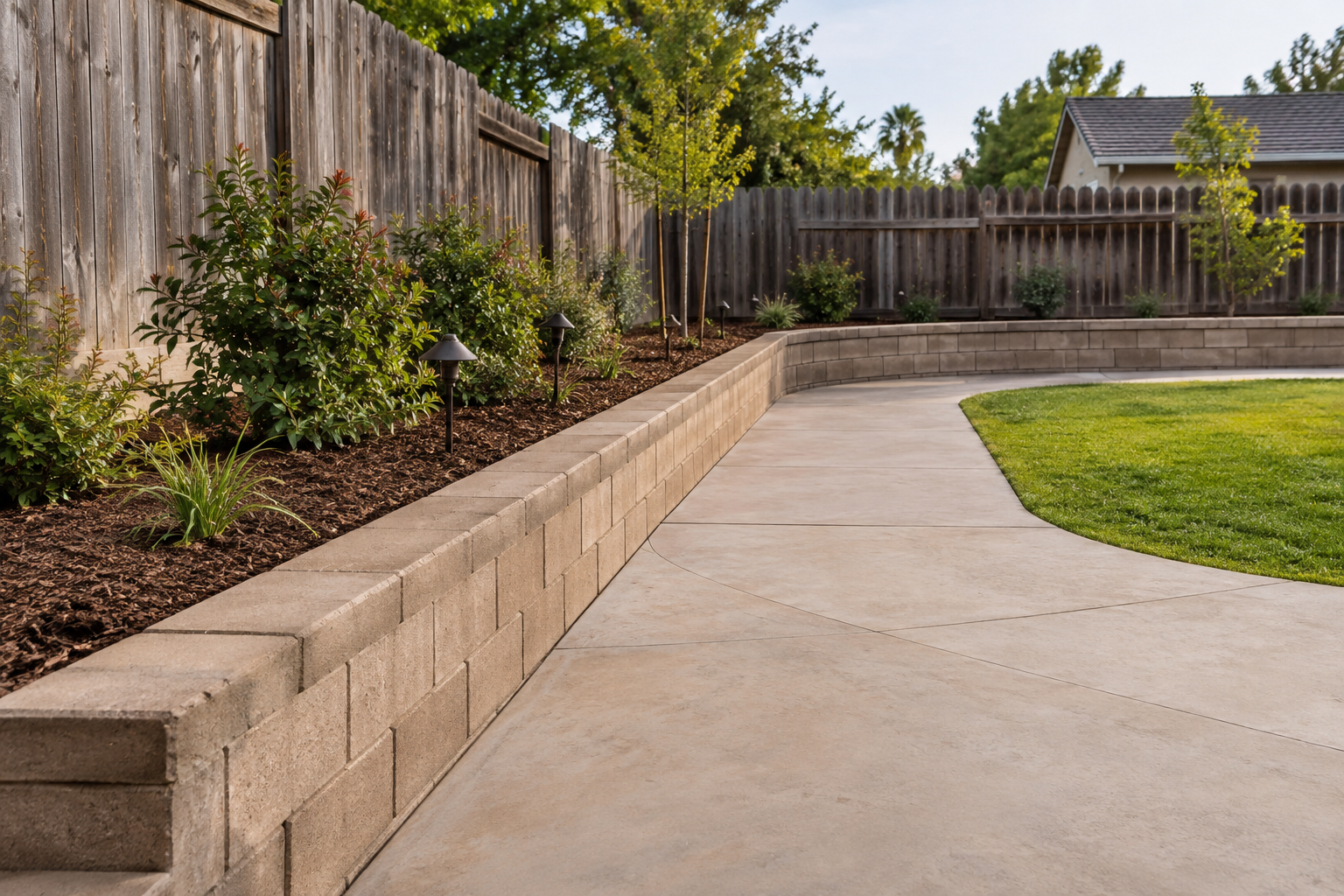 Fresno backyard renovation with retaining wall, walkway and new planting