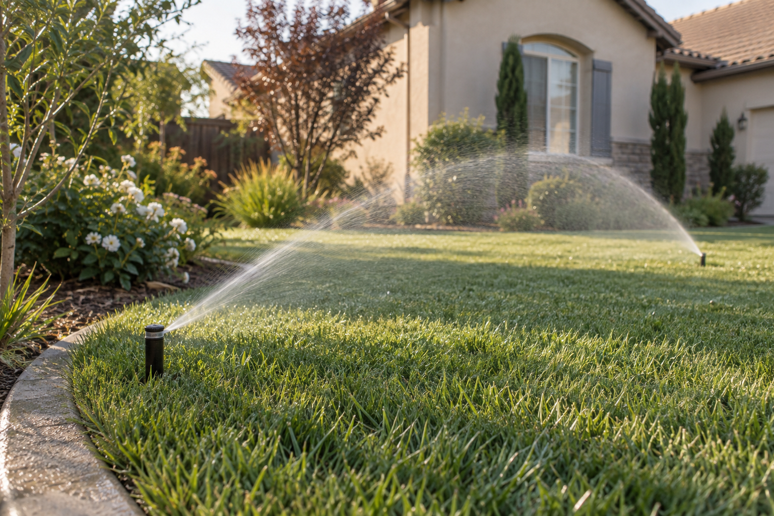 Residential sprinklers watering a Fresno lawn