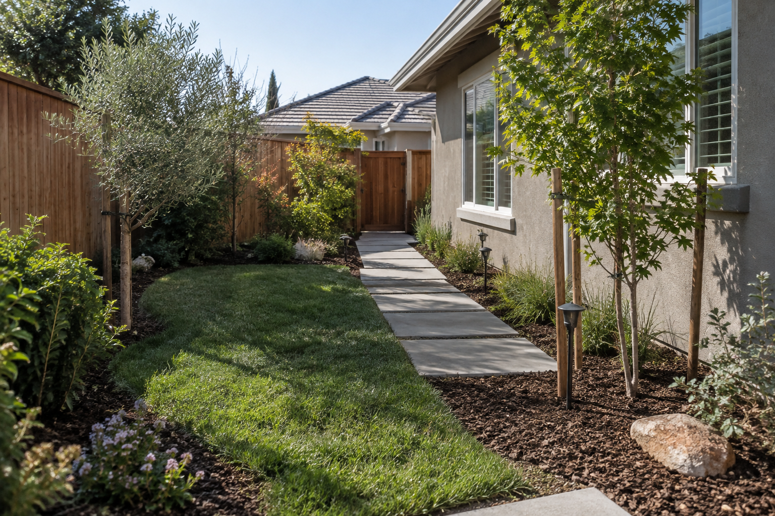 New Fresno landscape installation with planting beds, path and lawn