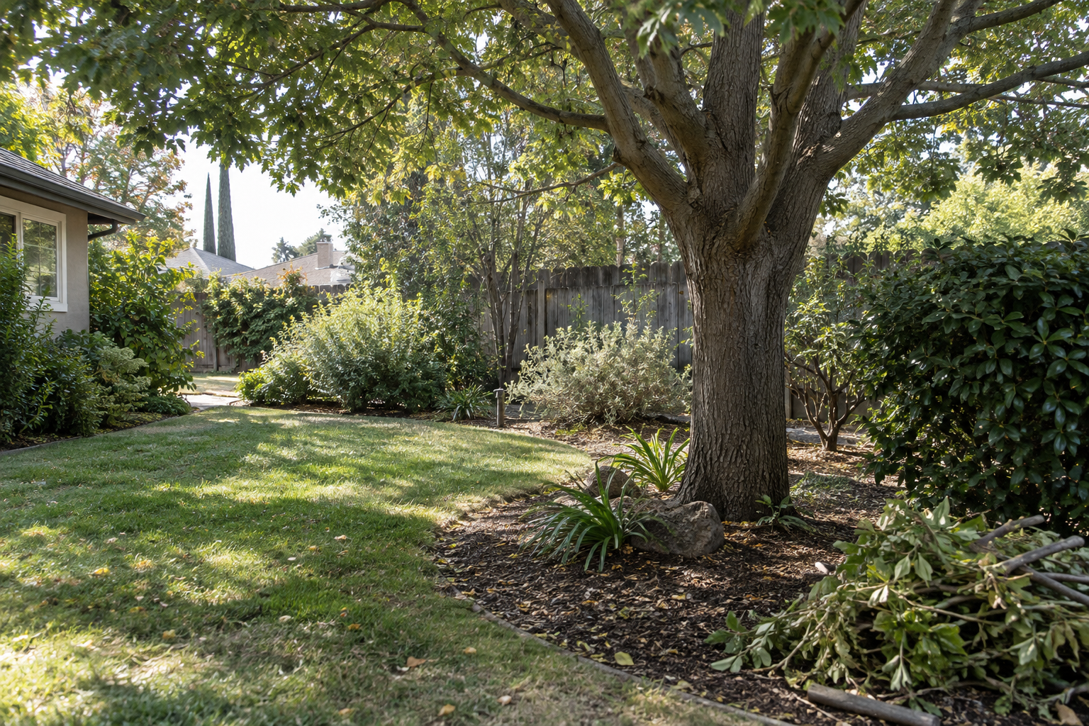 Maintained Fresno garden with a mature tree and naturally trimmed planting