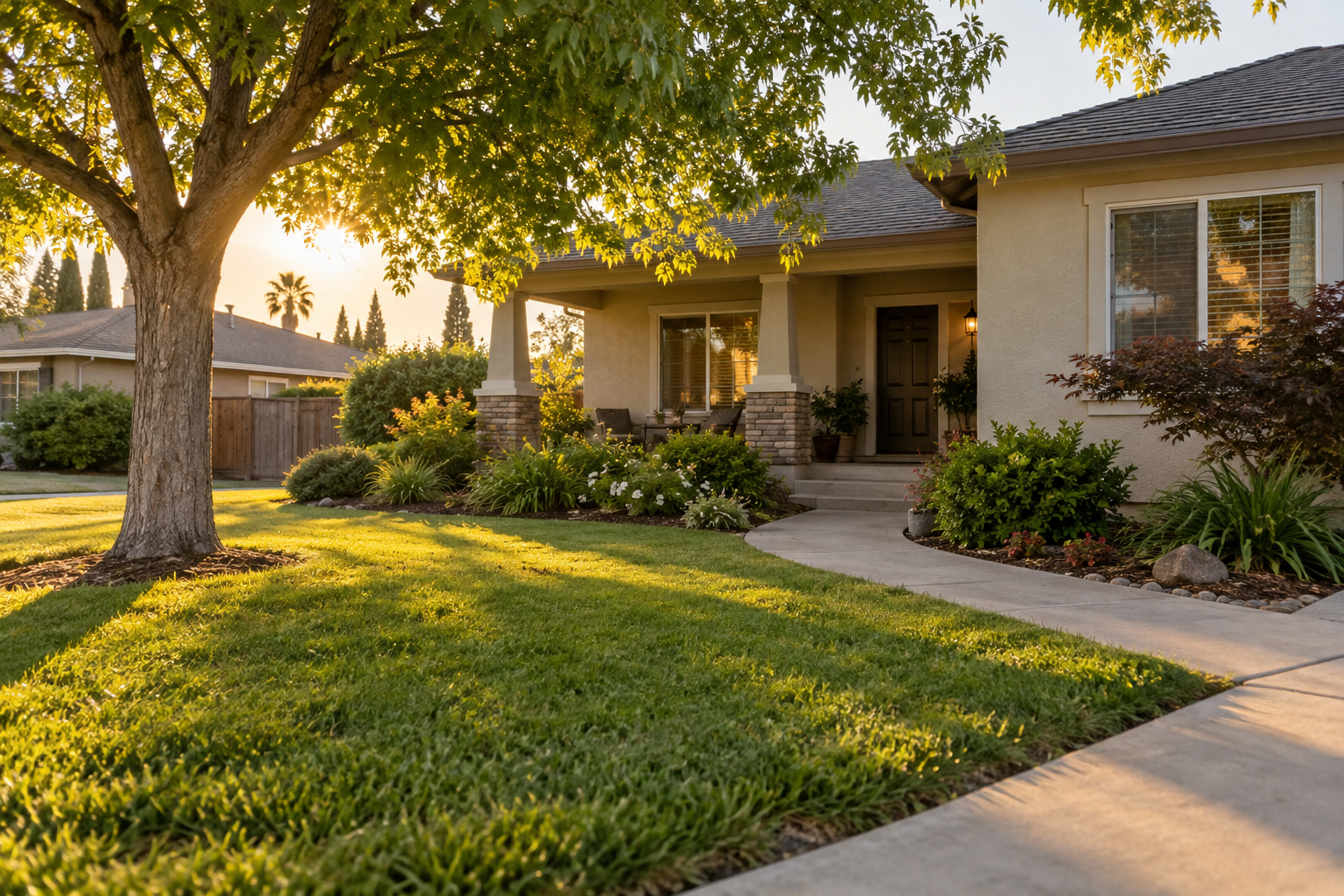 Welcoming completed Fresno front yard with lawn, mature tree and practical walkway
