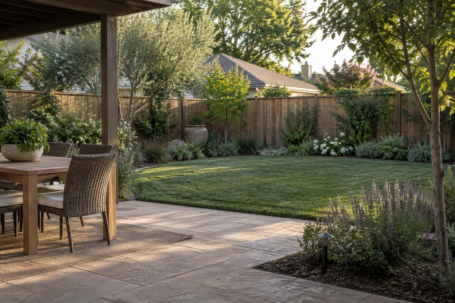 Practical Fresno backyard with shaded patio, lawn, planting and fence
