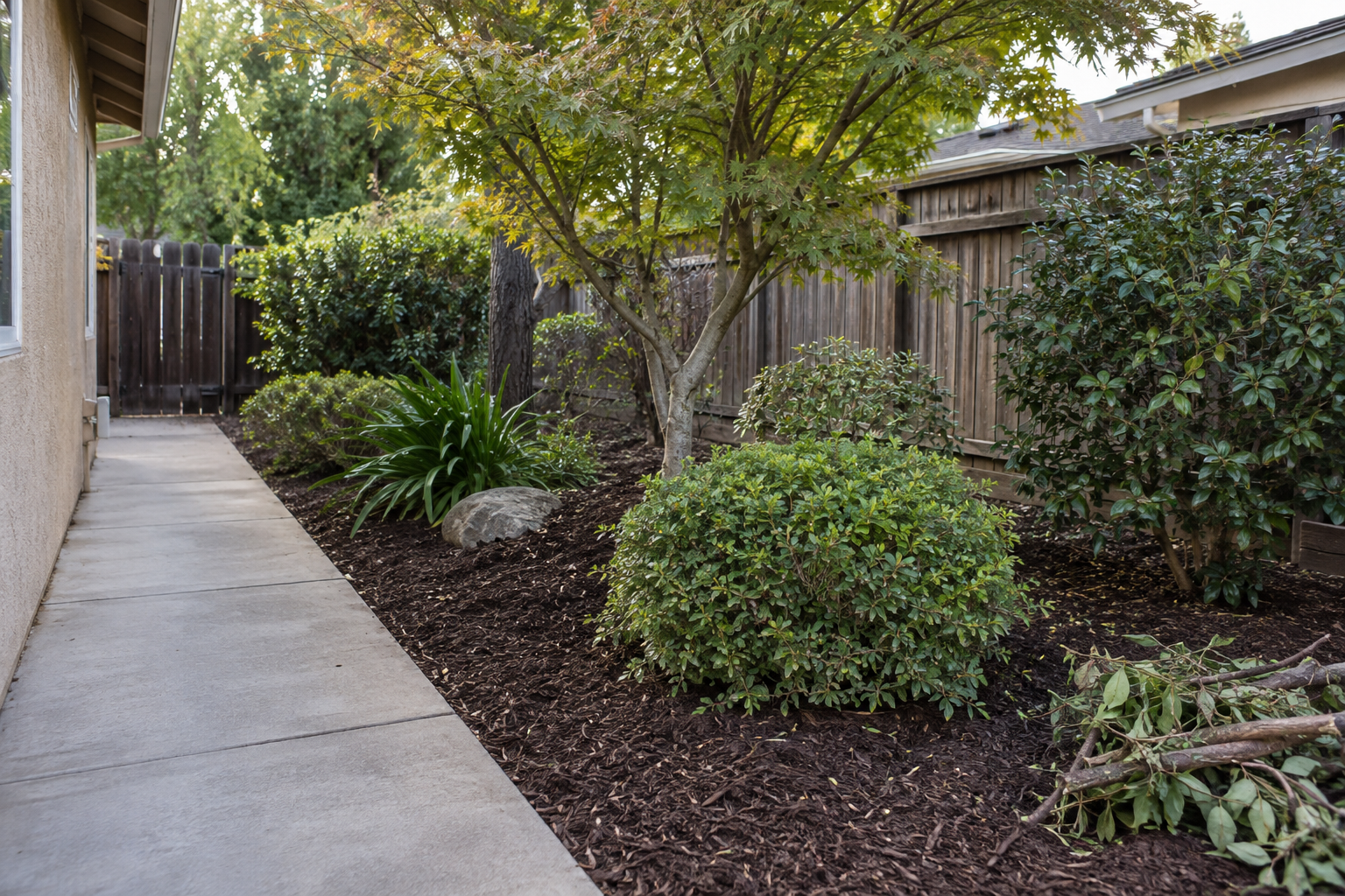 Naturally maintained Fresno garden bed after bush trimming and cleanup