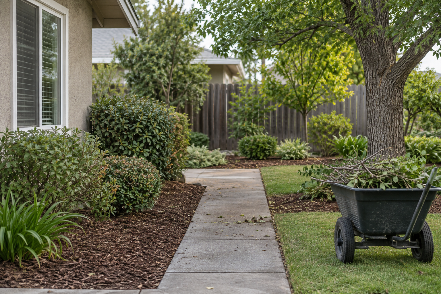 Cleaned Fresno side garden with trimmed shrubs, swept path and collected branches