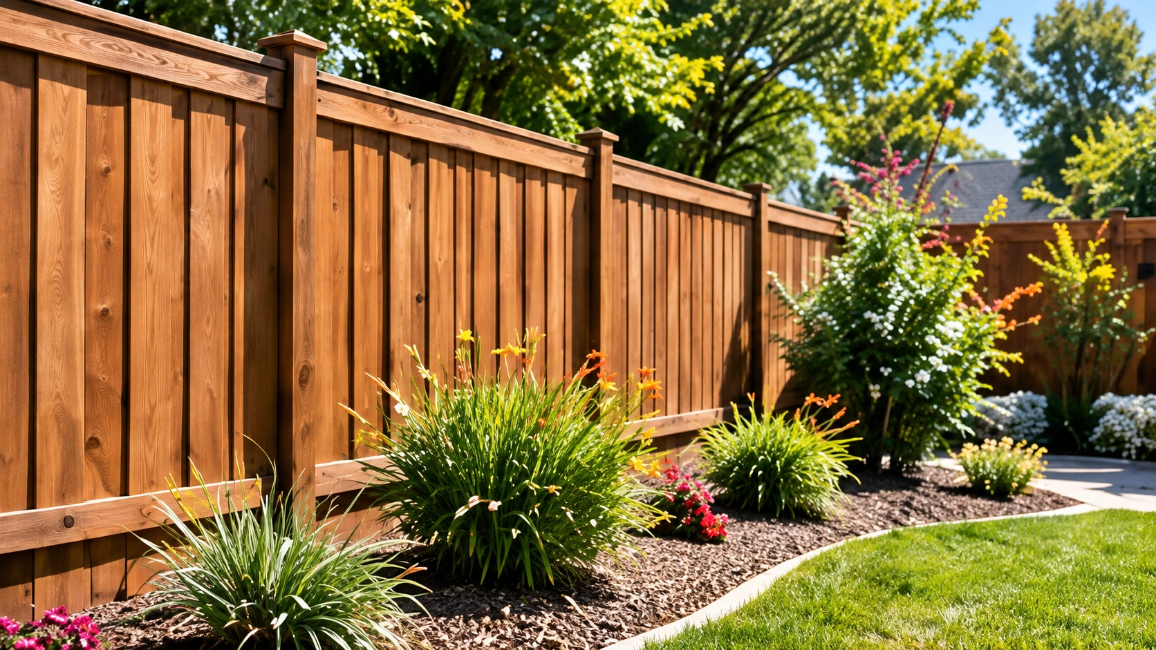 Cedar privacy fence with ornamental landscaping
