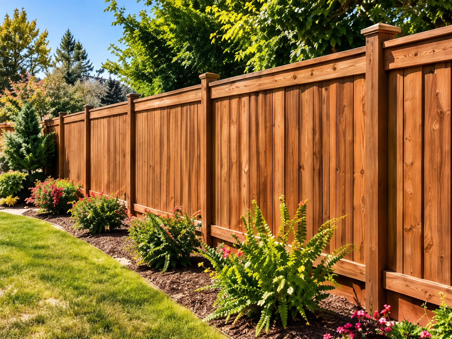New cedar privacy fence with a landscaped planting bed