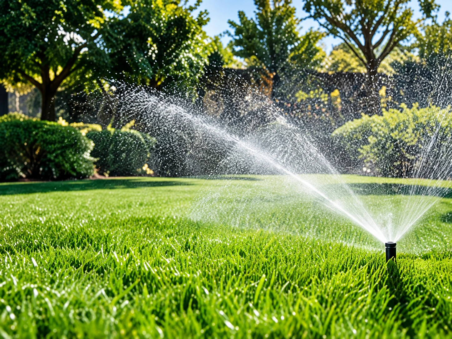 Sprinkler watering a healthy green lawn