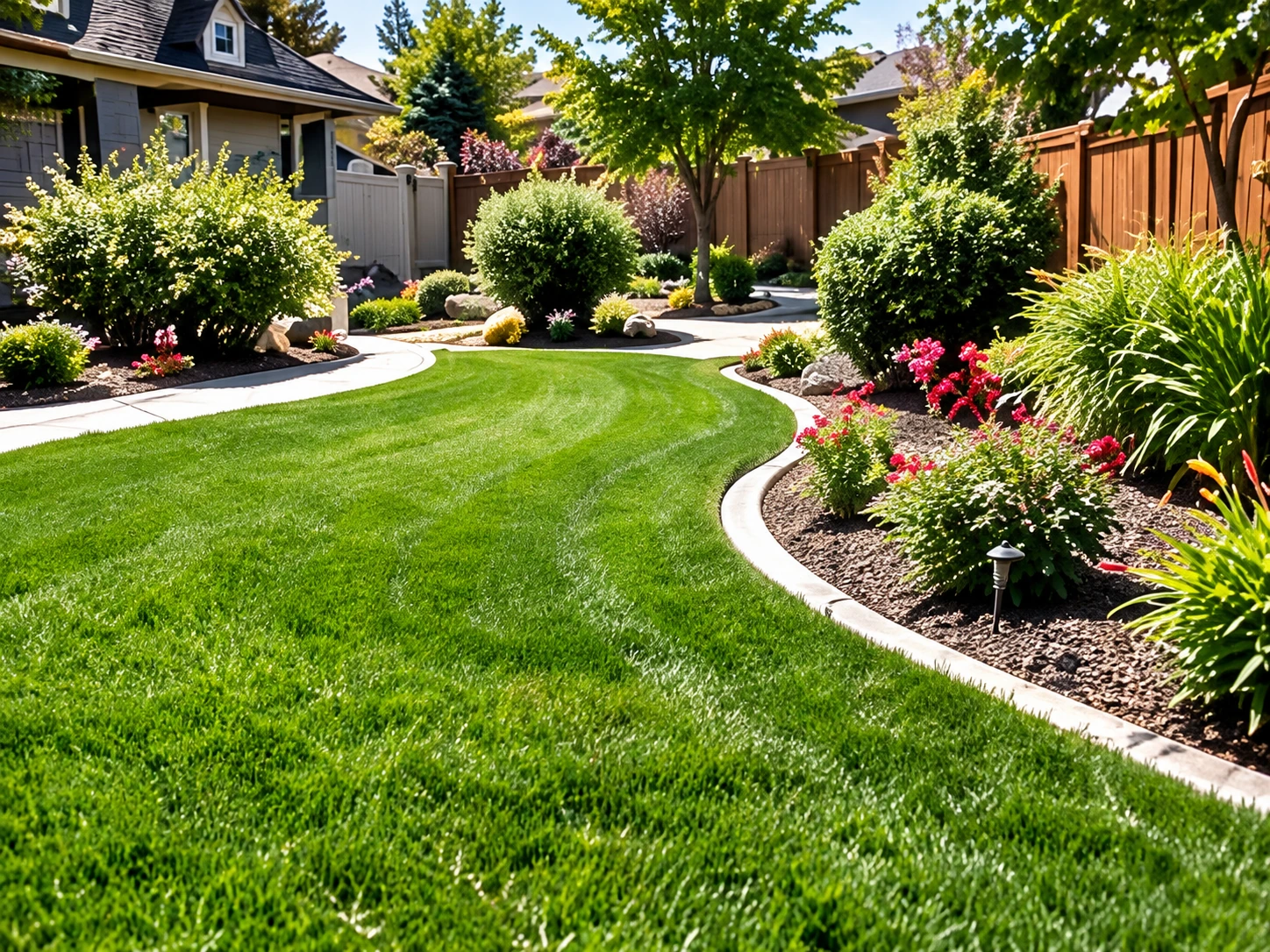 Finished lawn with a curved pale garden edge and planted flower beds