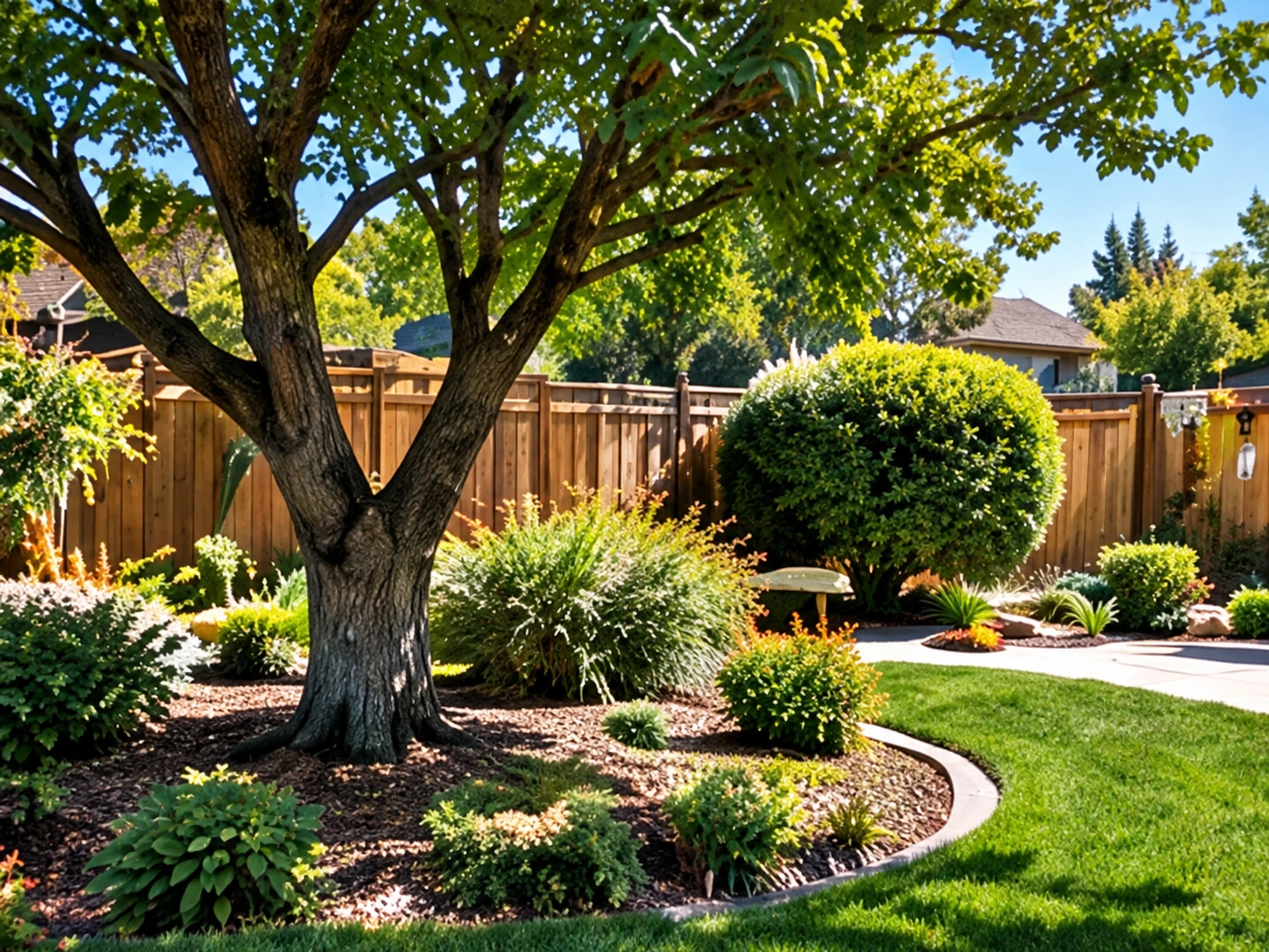 Maintained garden with a mature shade tree, clipped shrubs and lawn